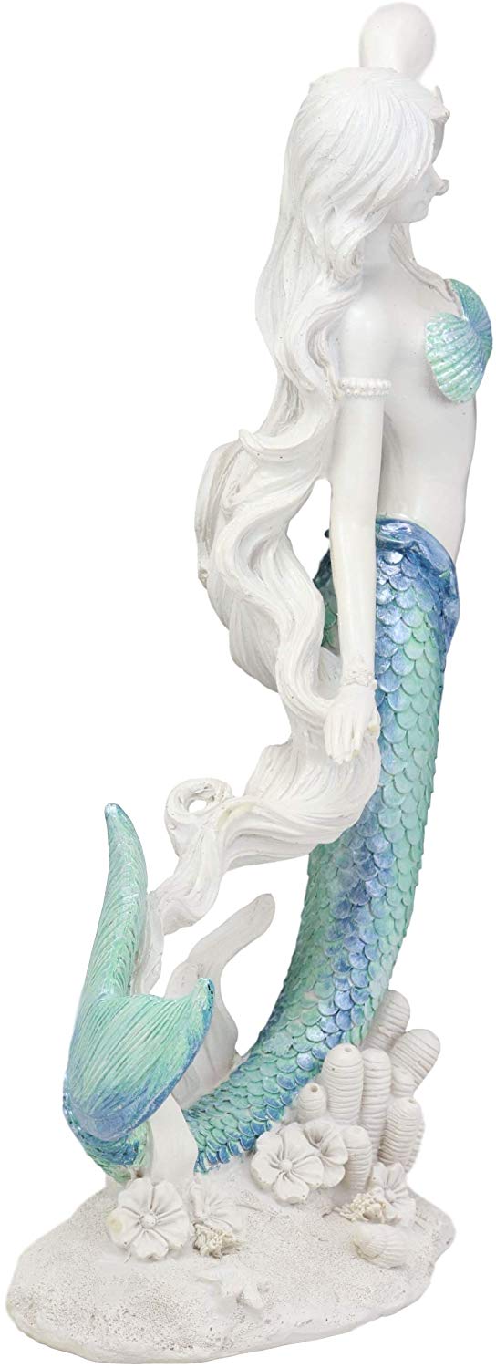Ebros Gift Nautical Capiz Blue Tailed Siren Mermaid Listening To Sea Conch Statue 11.75"H