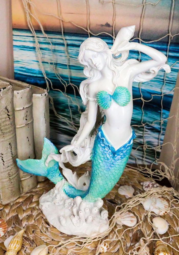 ebros gift Nautical Capiz Blue Tailed Siren Mermaid Listening To Sea Conch Statue 11.75"H