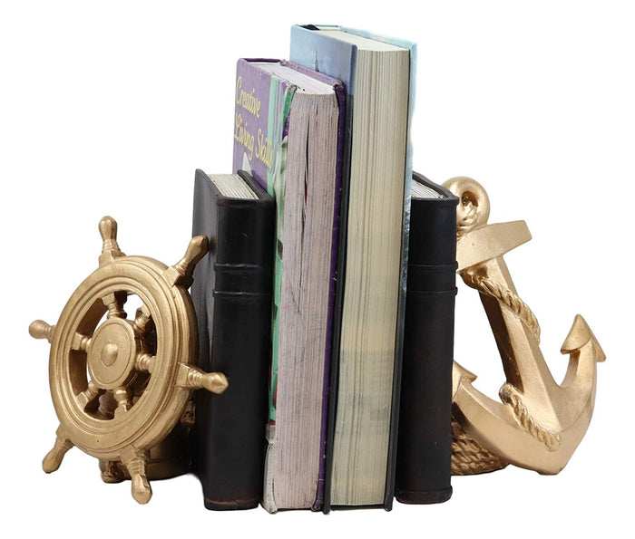 Ebros Gift Nautical Coastal Home Decor Ship Anchor And Captain's Helm Wheel Bookends Set