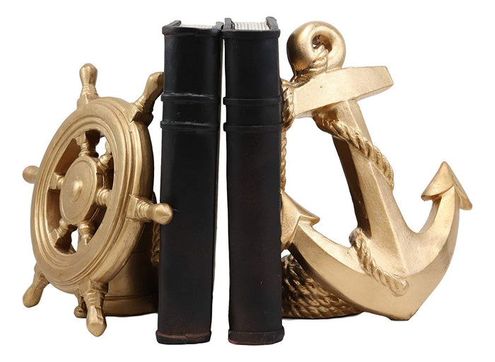 Ebros Gift Nautical Coastal Home Decor Ship Anchor And Captain's Helm Wheel Bookends Set