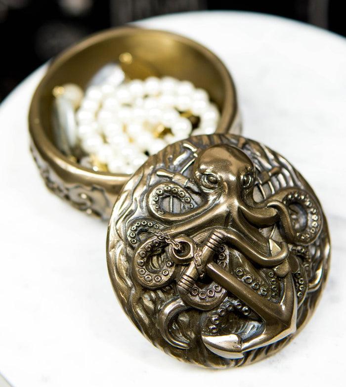 ebros gift Nautical Kraken Octopus With Ship Anchor Decorative Jewelry Box Figurine 4"Diam