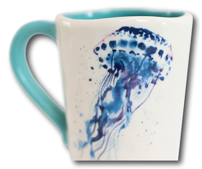Ebros Gift Nautical Marine Blue And White Jellyfish Ceramic Drinking Coffee Mug Pack Of 2