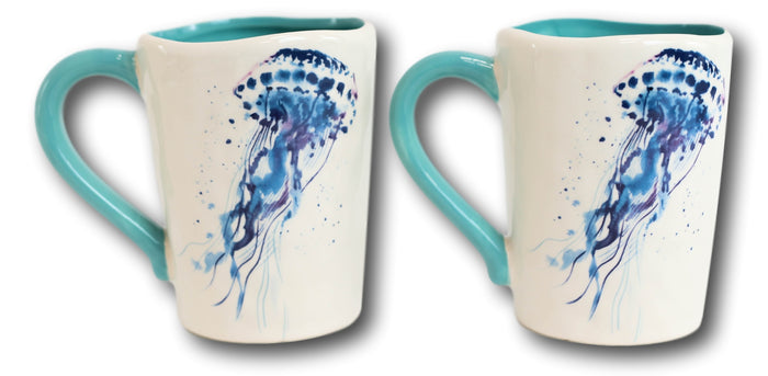 Ebros Gift Nautical Marine Blue And White Jellyfish Ceramic Drinking Coffee Mug Pack Of 2