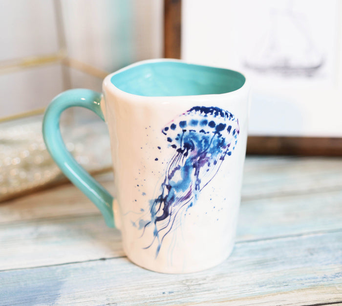 ebros gift Nautical Marine Blue And White Jellyfish Ceramic Drinking Coffee Mug Pack Of 2