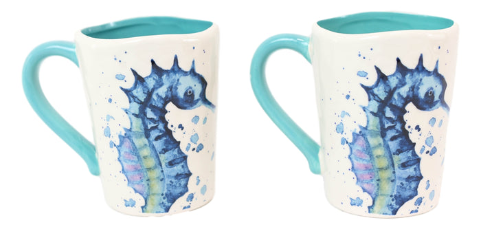 Ebros Gift Nautical Marine Blue And White Seahorse Ceramic Drinking Coffee Mug Pack Of 2