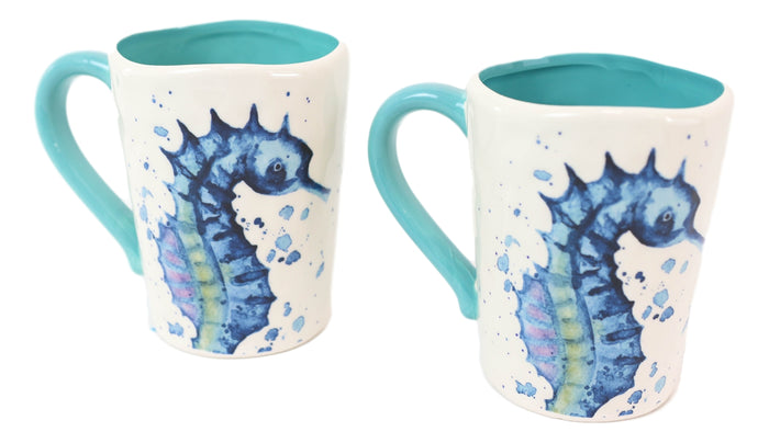 Ebros Gift Nautical Marine Blue And White Seahorse Ceramic Drinking Coffee Mug Pack Of 2