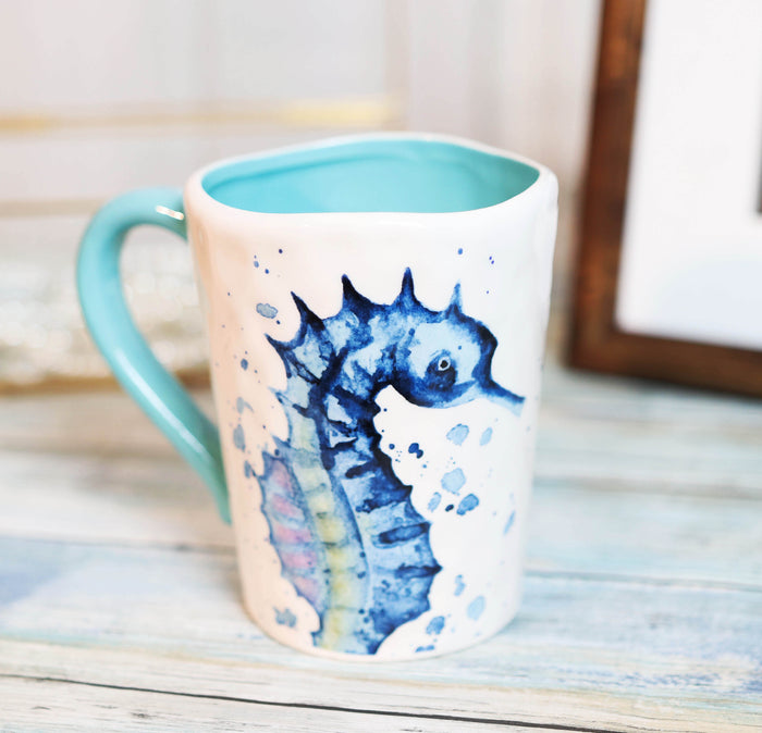 ebros gift Nautical Marine Blue And White Seahorse Ceramic Drinking Coffee Mug Pack Of 2