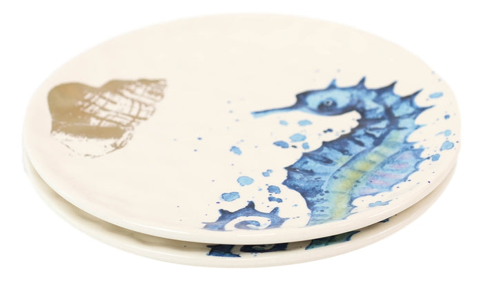 Ebros Gift Nautical Marine Blue And White Seahorse Ceramic Salad Appetizer Plates 2 Pack