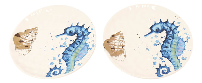 Ebros Gift Nautical Marine Blue And White Seahorse Ceramic Salad Appetizer Plates 2 Pack