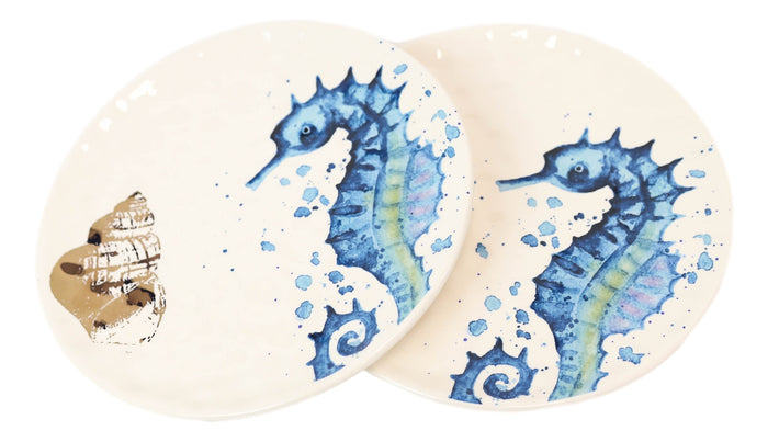 Ebros Gift Nautical Marine Blue And White Seahorse Ceramic Salad Appetizer Plates 2 Pack