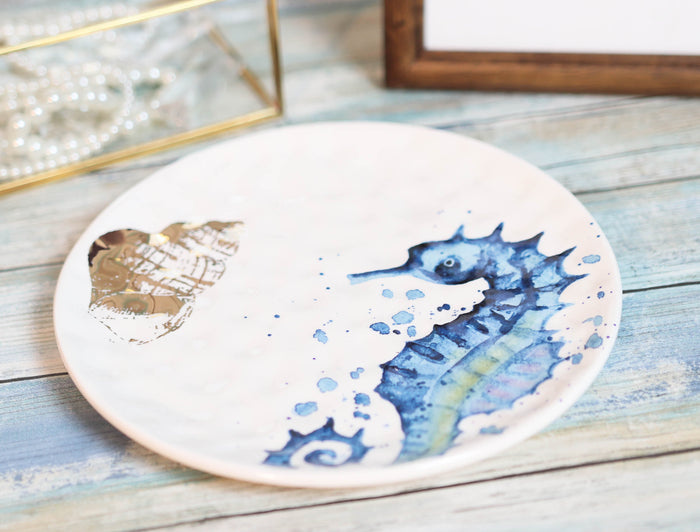 ebros gift Nautical Marine Blue And White Seahorse Ceramic Salad Appetizer Plates 2 Pack
