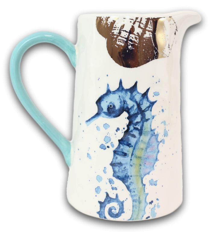 Ebros Gift Nautical Marine Blue White Seahorse Ceramic Hot Or Cold Drink Jug Pitcher 35oz