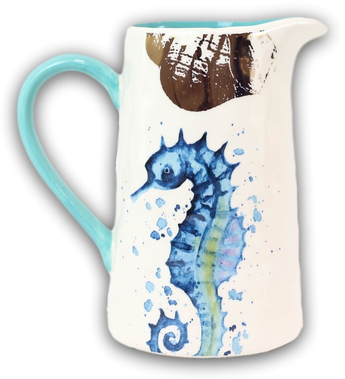 Ebros Gift Nautical Marine Blue White Seahorse Ceramic Hot Or Cold Drink Jug Pitcher 35oz