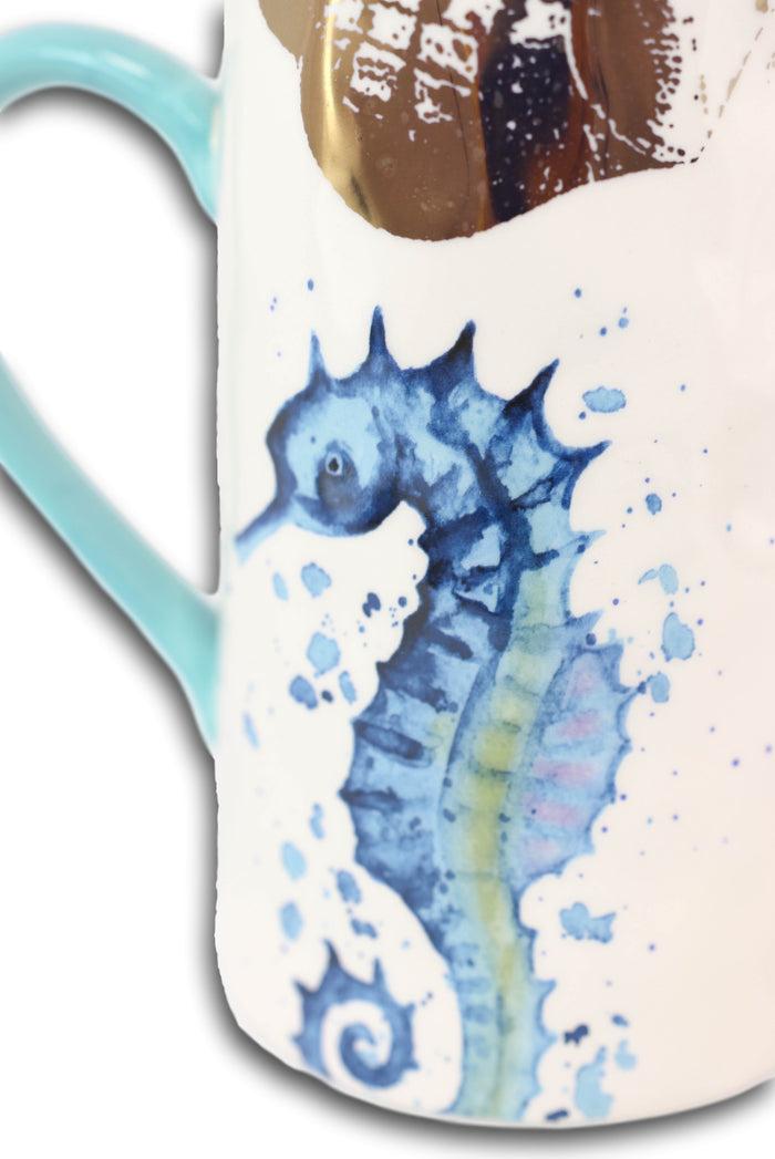 Ebros Gift Nautical Marine Blue White Seahorse Ceramic Hot Or Cold Drink Jug Pitcher 35oz