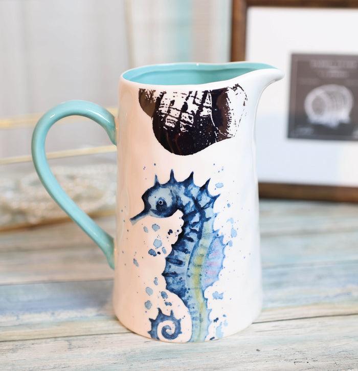 ebros gift Nautical Marine Blue White Seahorse Ceramic Hot Or Cold Drink Jug Pitcher 35oz