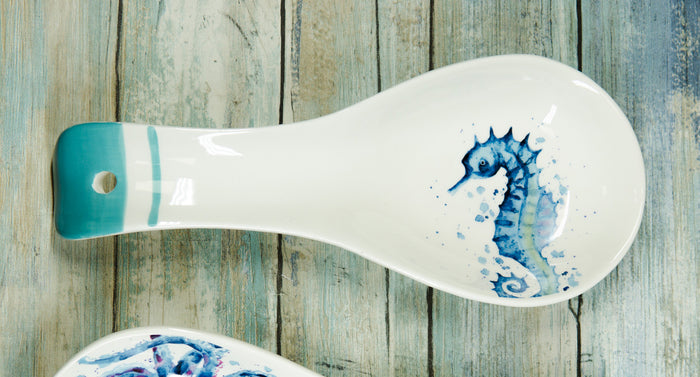 Ebros Gift Nautical Marine Blue White Seahorse Ceramic Kitchen Utensil Holder Spoon Rest