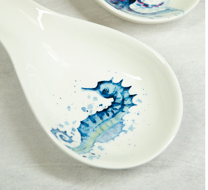 Ebros Gift Nautical Marine Blue White Seahorse Ceramic Kitchen Utensil Holder Spoon Rest