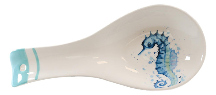 Ebros Gift Nautical Marine Blue White Seahorse Ceramic Kitchen Utensil Holder Spoon Rest