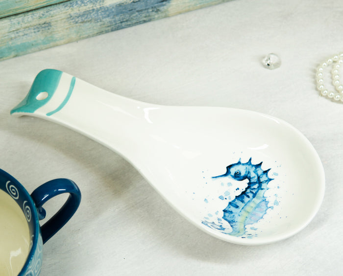 ebros gift Nautical Marine Blue White Seahorse Ceramic Kitchen Utensil Holder Spoon Rest