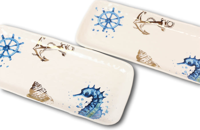Ebros Gift Nautical Marine Blue White Seahorse Helm Shell Ceramic Platter Plate Pack Of 2