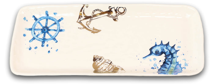 Ebros Gift Nautical Marine Blue White Seahorse Helm Shell Ceramic Platter Plate Pack Of 2