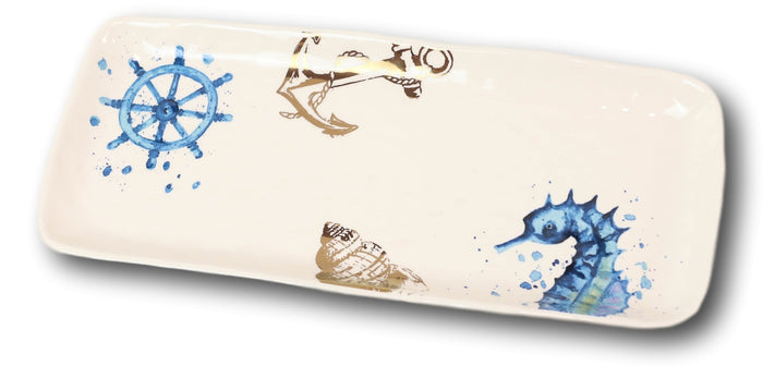 Ebros Gift Nautical Marine Blue White Seahorse Helm Shell Ceramic Platter Plate Pack Of 2