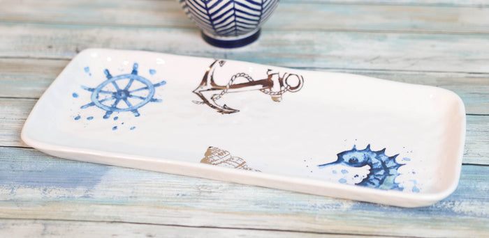 ebros gift Nautical Marine Blue White Seahorse Helm Shell Ceramic Platter Plate Pack Of 2