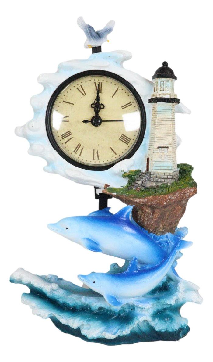 Ebros Gift Nautical Marine Bottlenose Dolphins Family In Waves By Lighthouse Table Clock