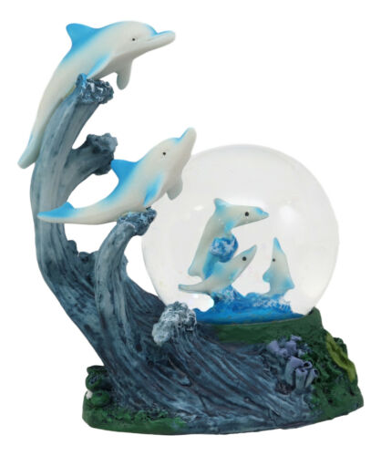 Ebros Gift Nautical Marine Dolphin Family Rising With Waves Snow Water Globe Figurine Decor