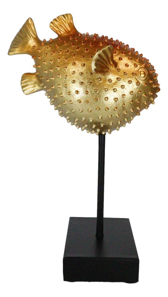 Ebros Gift Nautical Marine Faux Taxidermy Golden Pufferfish Fish Sculpture On Pole Mount