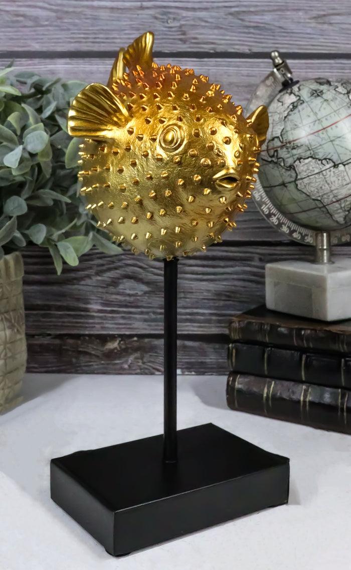 ebros gift Nautical Marine Faux Taxidermy Golden Pufferfish Fish Sculpture On Pole Mount