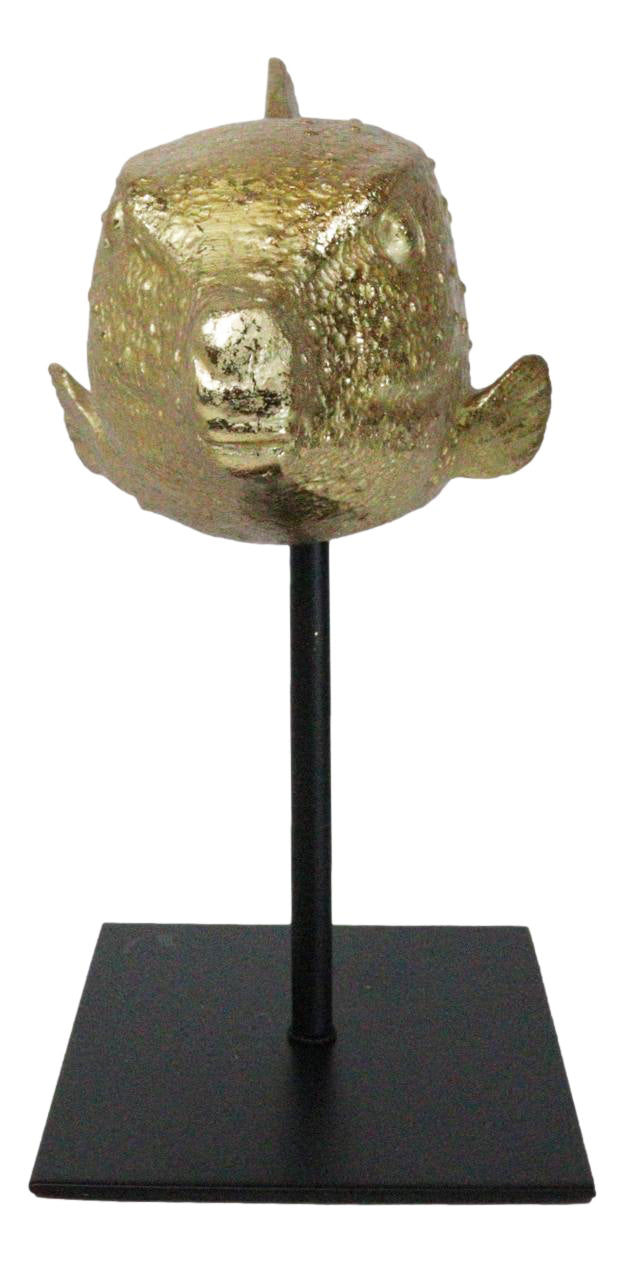 Ebros Gift Nautical Marine Gold Tone Yellow Boxfish Fish Sculpture With Museum Pole Stand