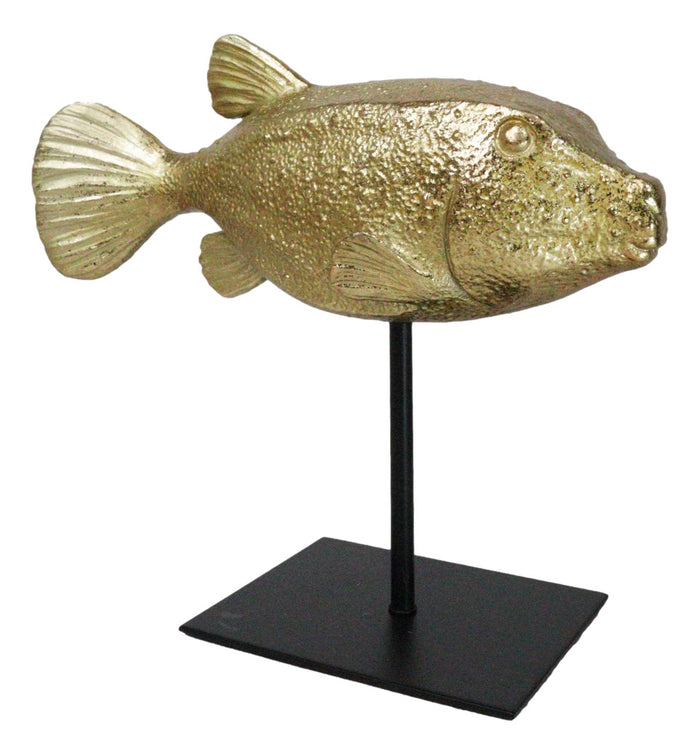 ebros gift Nautical Marine Gold Tone Yellow Boxfish Fish Sculpture With Museum Pole Stand
