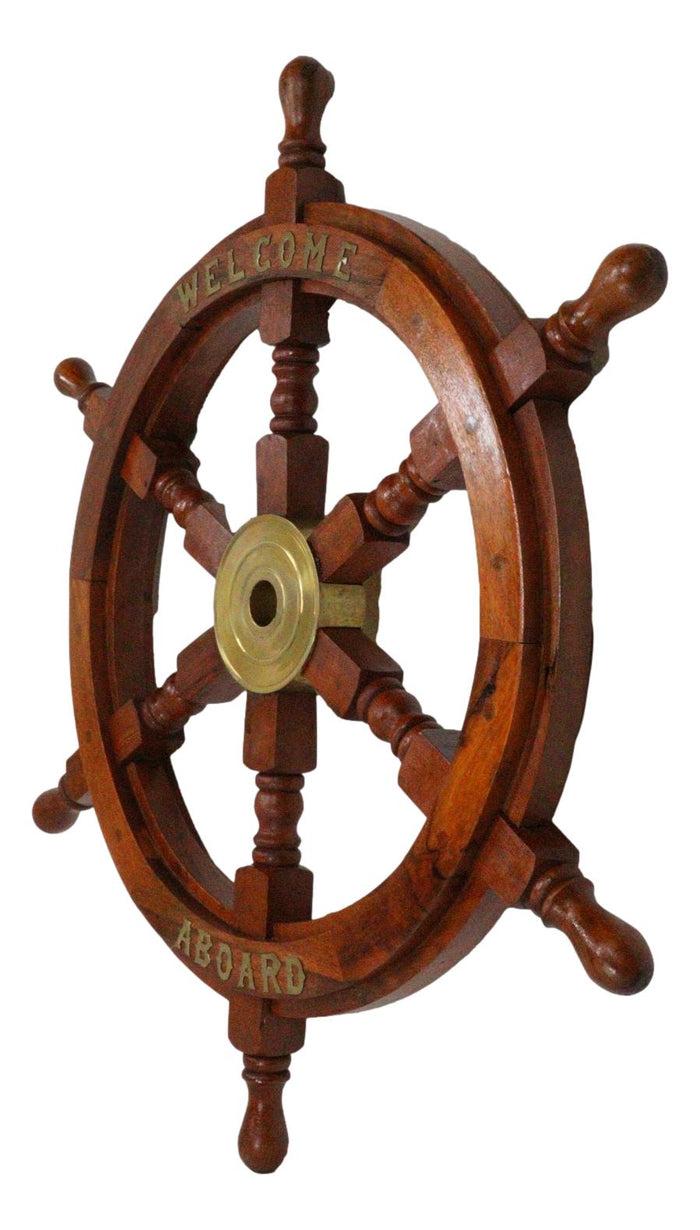 Ebros Gift Nautical Marine Vintage Wood Brass Ship Steering Helm Boat Wheel Wall Decor 23"D