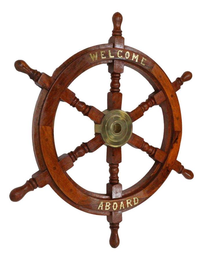 Ebros Gift Nautical Marine Vintage Wood Brass Ship Steering Helm Boat Wheel Wall Decor 23"D