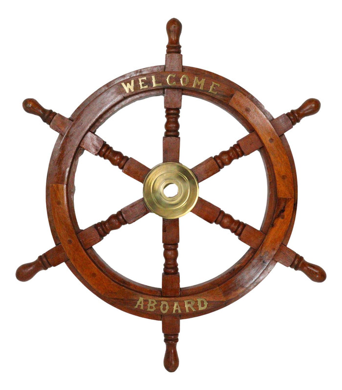 ebros gift Nautical Marine Vintage Wood Brass Ship Steering Helm Boat Wheel Wall Decor 23"D