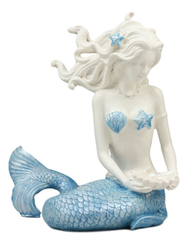Ebros Gift Nautical Ocean Goddess Pretty Mermaid With Blue Tail Holding Pearl Shell Statue