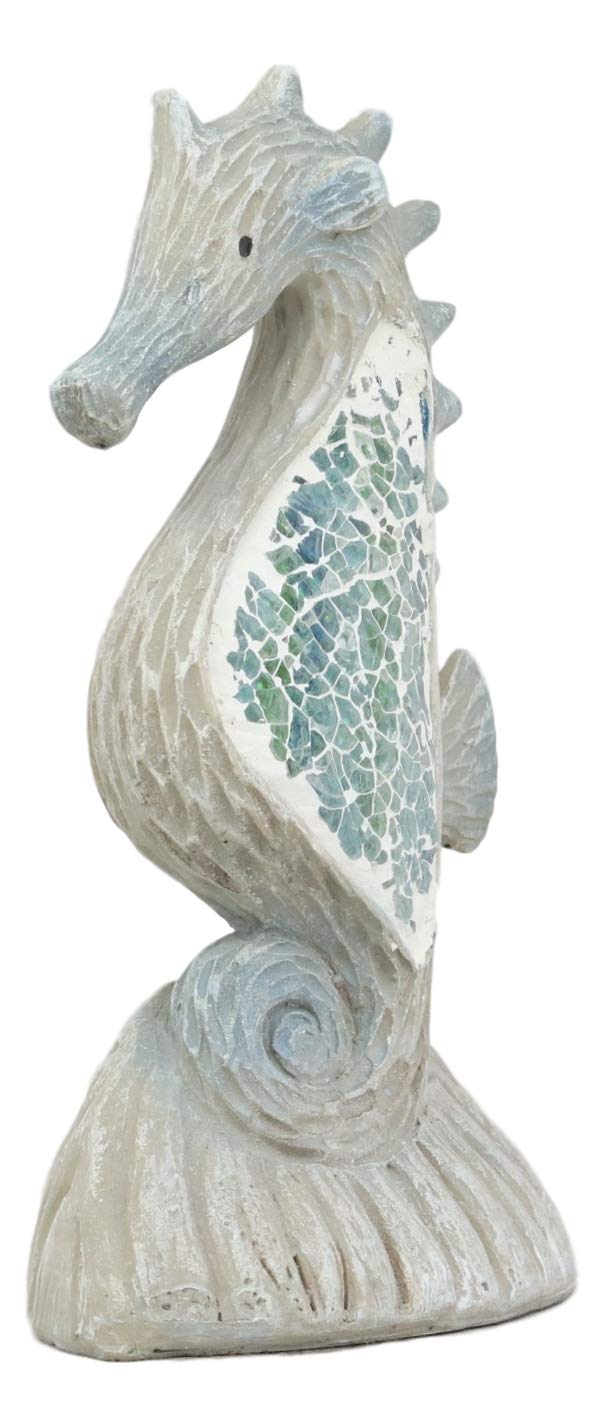 Ebros Gift Nautical Ocean Marine Life Aqua Blue Mosaic Seahorse By Coral Rock Statue 6"Tall