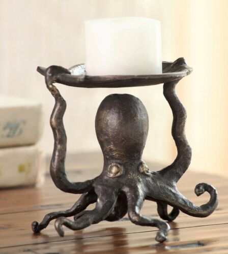 ebros gift Nautical Ocean Reef Kraken Octopus With Sea Shell Pillar Candleholder Figurine