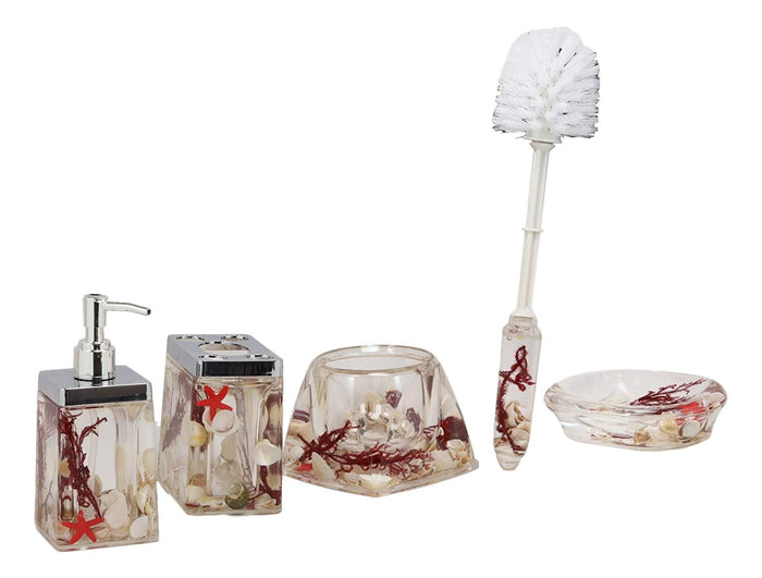 Ebros Gift Nautical Red Coastal Reefs Sea Shells Accessories Bathroom Vanity Gift Set 5Pc