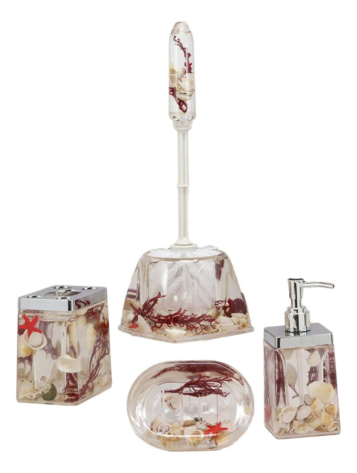 Ebros Gift Nautical Red Coastal Reefs Sea Shells Accessories Bathroom Vanity Gift Set 5Pc