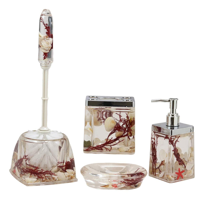 ebros gift Nautical Red Coastal Reefs Sea Shells Accessories Bathroom Vanity Gift Set 5Pc