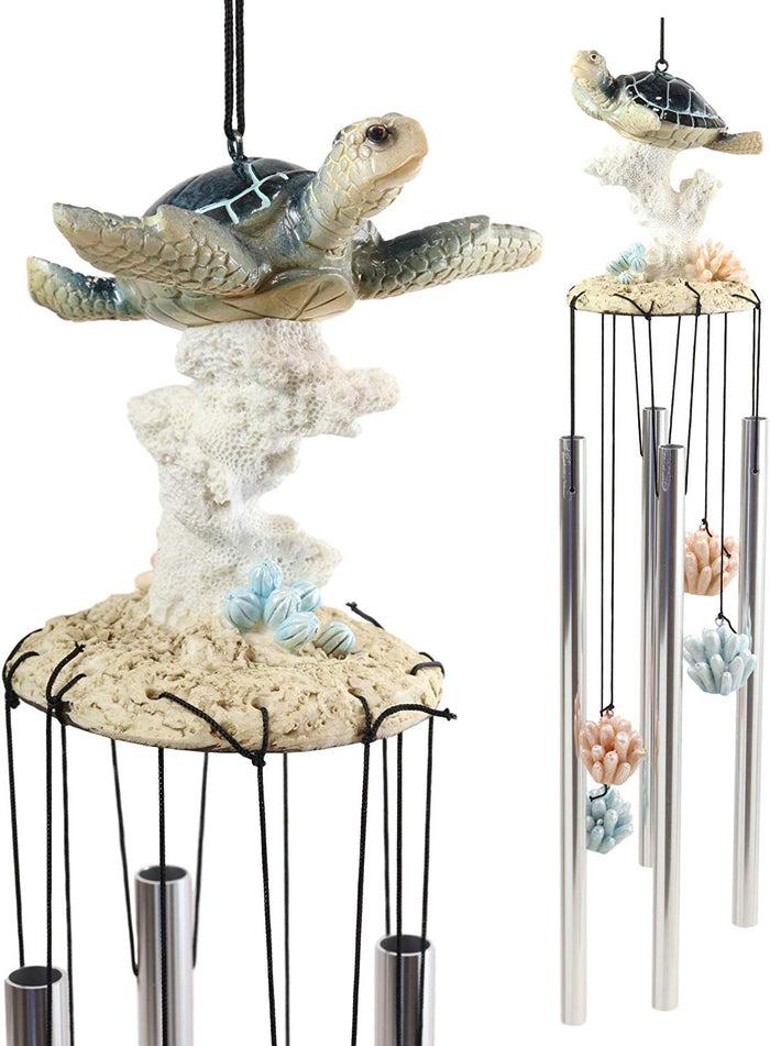 Ebros Gift Nautical Reptile Kingdom Sea Turtle Swimming Over Corals Garden Wind Chime Decor