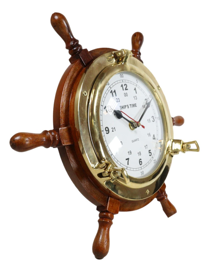 Ebros Gift Nautical Vintage Wood And Brass 6 Spokes Ship Steering Helm Wheel Wall Clock
