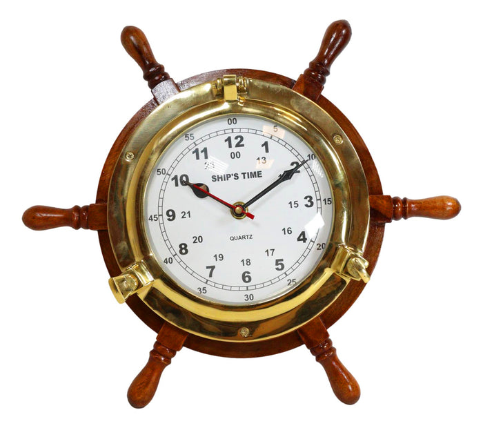 ebros gift Nautical Vintage Wood and Brass 6 Spokes Ship Steering Helm Wheel Wall Clock