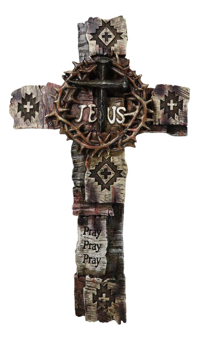 ebros gift Navajo Symbols Crown of Thorns Spike Nails Jesus Sign Faux Wooden Wall Cross