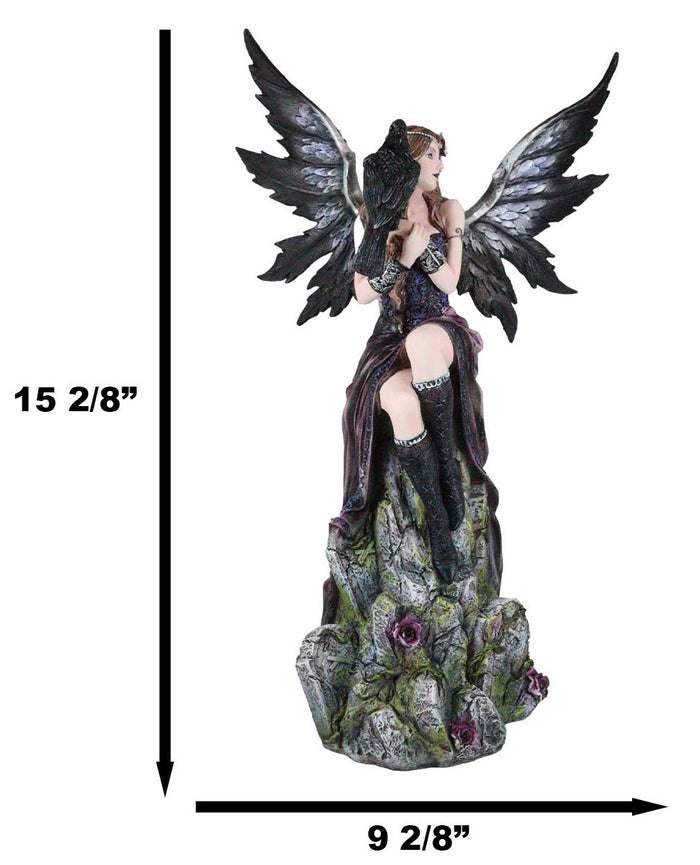 Ebros Gift Necromancy Gothic Black Fairy With Raven Crow Sitting On Rock Figurine 15.25"H