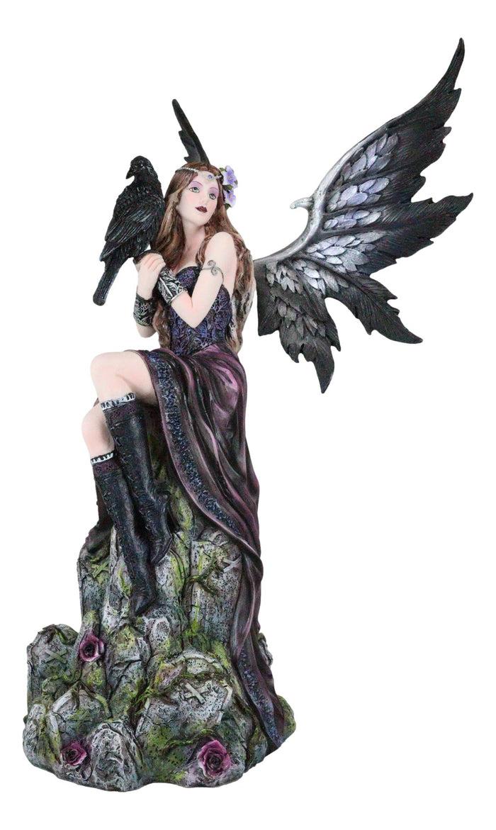 Ebros Gift Necromancy Gothic Black Fairy With Raven Crow Sitting On Rock Figurine 15.25"H