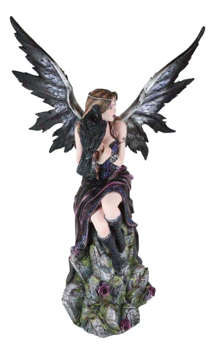 Ebros Gift Necromancy Gothic Black Fairy With Raven Crow Sitting On Rock Figurine 15.25"H