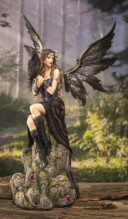 ebros gift Necromancy Gothic Black Fairy With Raven Crow Sitting On Rock Figurine 15.25"H